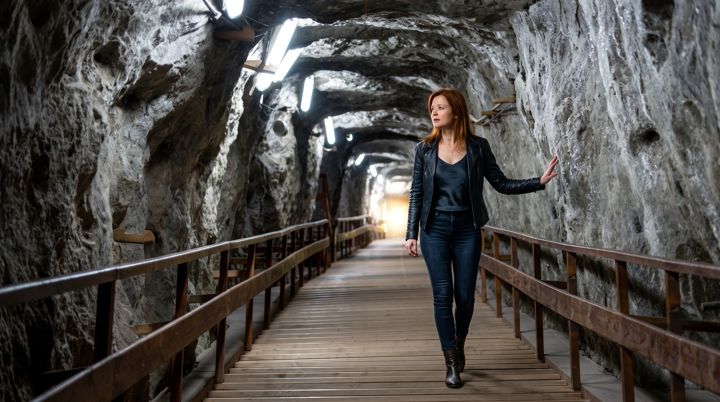 Femeie mergând printr-un tunel al minei de sare carpatice