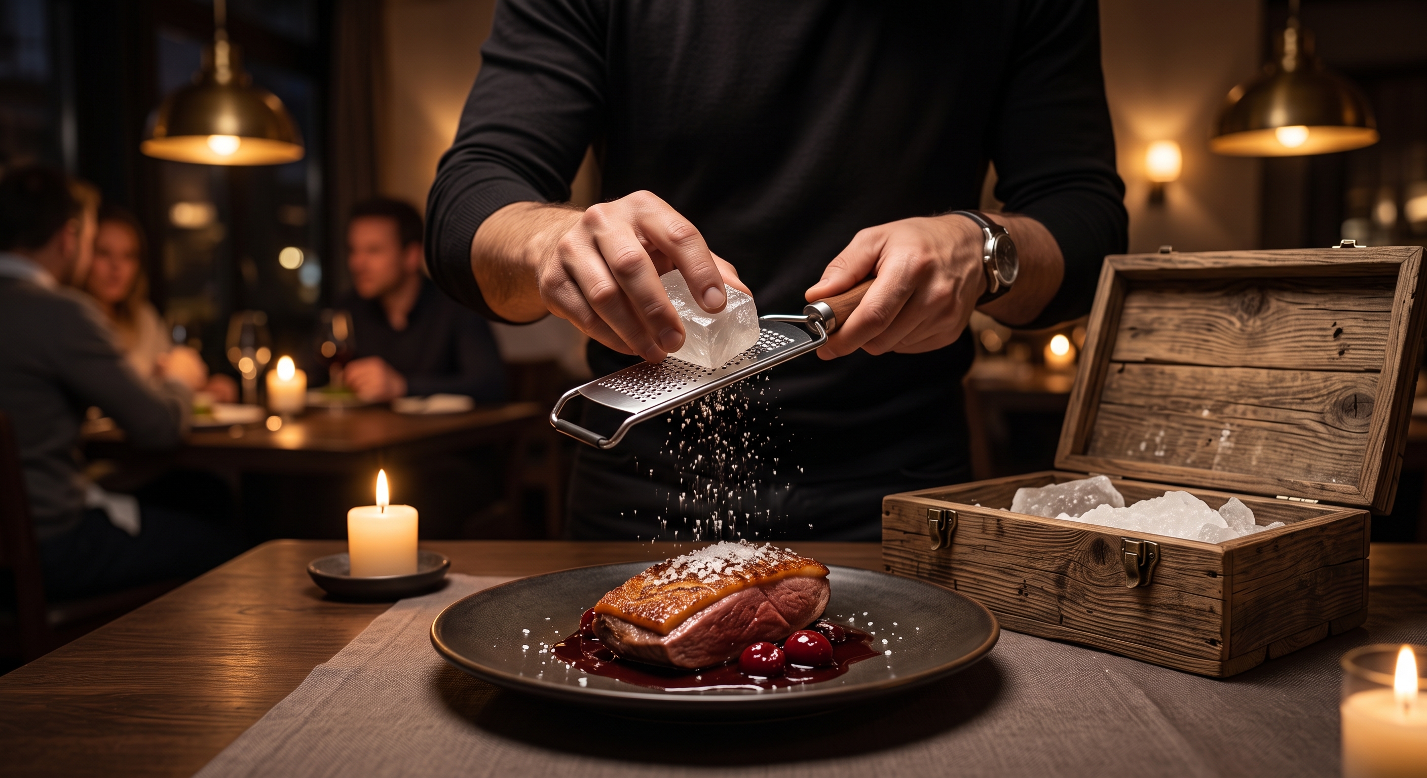 Răzuirea sării proaspete peste un fel gourmet la masă