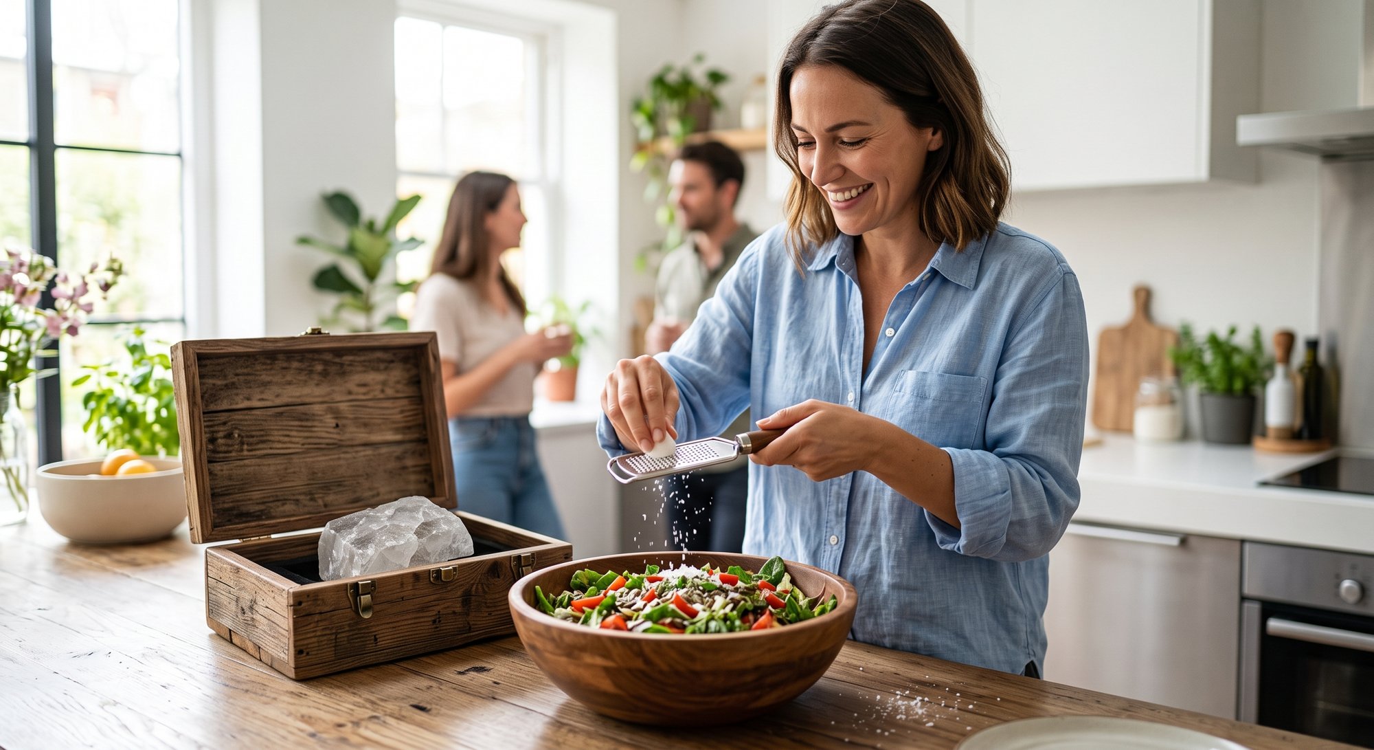Home cook using Carpathian Salt in a bright kitchen