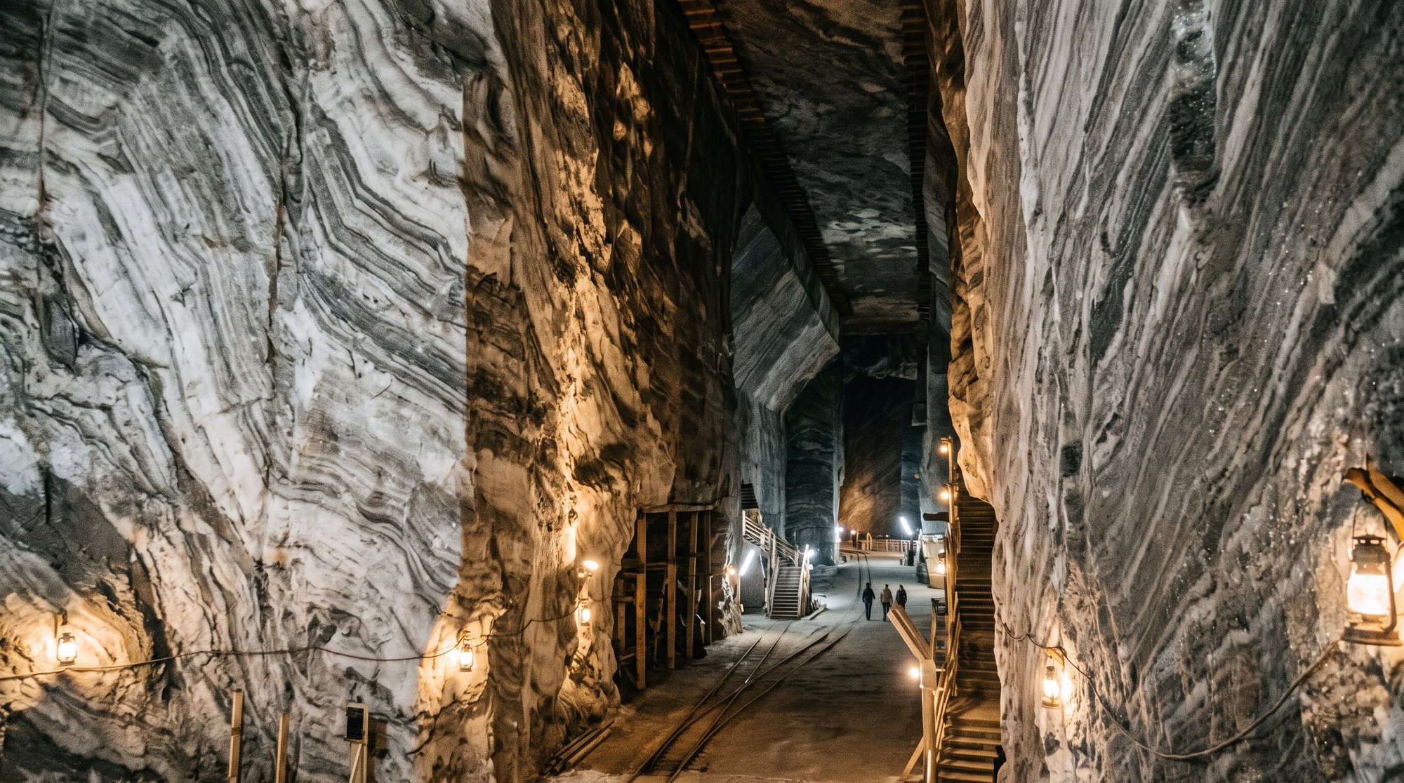 Ancient Carpathian salt mine corridor with layered walls