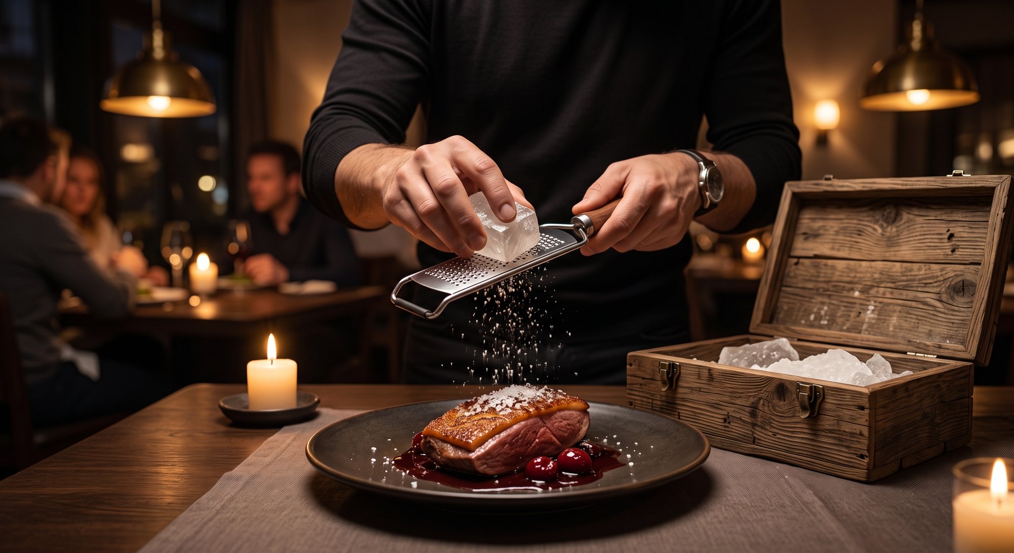 Chef grating salt tableside over a gourmet dish