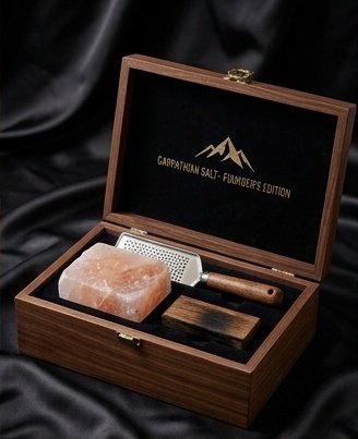 Founder's Edition walnut box open with Carpathian rock salt and grater